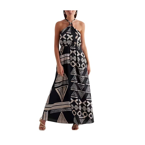 Express Women Black White Halter Maxi Dress Geometric Pattern Ring Neck Accent L - Picture 1 of 6